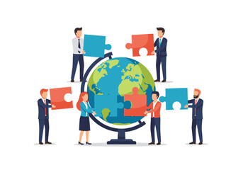 People collaborate around a globe, connecting puzzle pieces, symbolizing global partnership and teamwork.