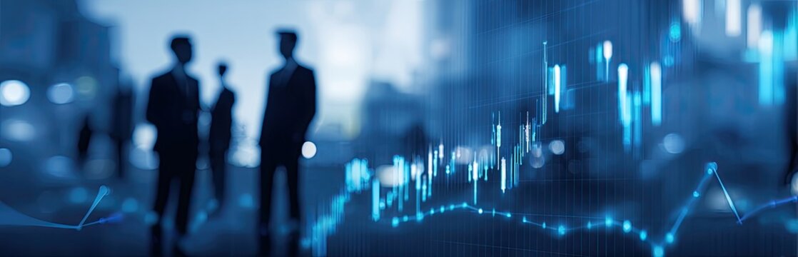Business professionals in a city background, with financial data overlay - Powered by Adobe