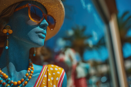 Pr&eacute;sentoir de mannequins v&ecirc;tus de tenues estivales color&eacute;es en vitrine de magasin de mode f&eacute;minine, ambiance urbaine et tendance