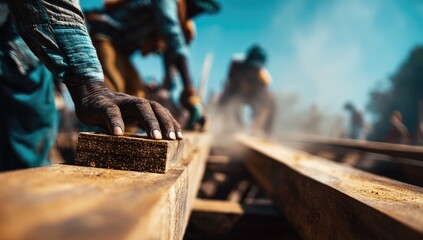 Close-up of construction workers assembling wooden beams