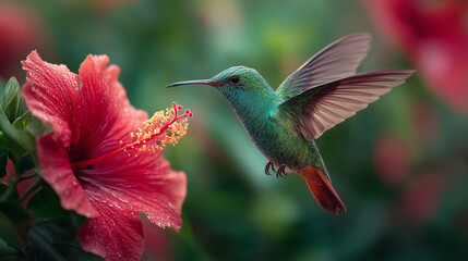 Fototapeta premium Hummingbird hovering near red hibiscus flower in vibrant garden setting 
