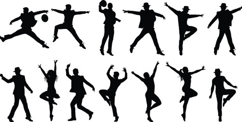 Dancing silhouettes, vintage dancers clipart, dancing men and women silhouettes, jazz dance poses, swing dance vectors, retro dance figures