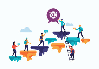 Team collaboration achieving a shared goal, ascending a series of platforms towards a common objective represented by a symbol.