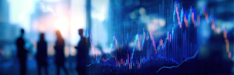 Blurry silhouettes of people in a modern city setting overlaid with financial data visualizations
