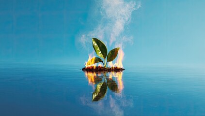 Small plant on a burning island in a still body of water