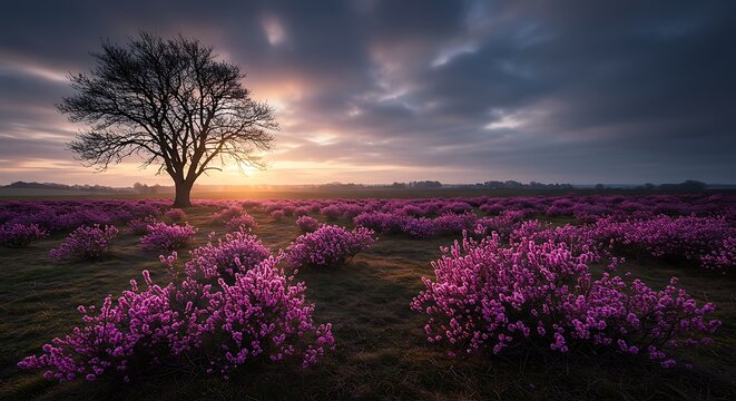 Tree Silhouetted at Sunset Over Field of Pink Flowers