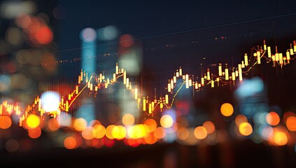 Financial chart overlaid with city lights at night