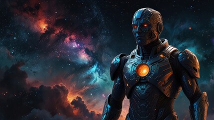 Metallic cyborg stands before a vibrant nebula, a cosmic backdrop of orange, blue, and grey