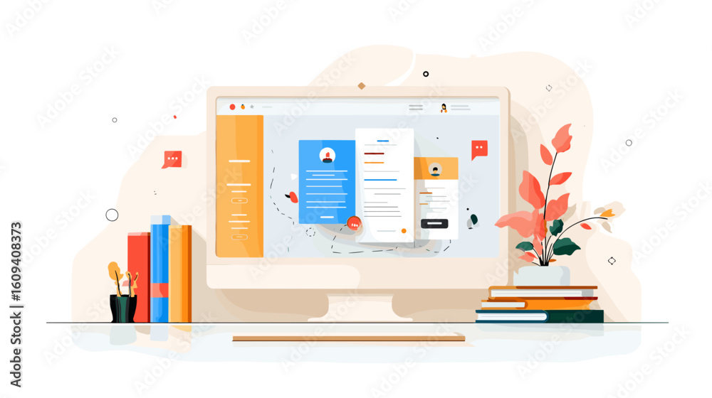 Wall mural digital workspace on computer with colorful interface and books