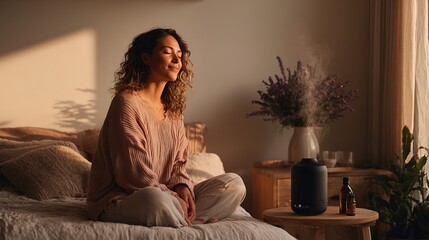 A woman sits peacefully on a bed, enjoying a calming moment with a diffuser and essential oil in softly lit, cozy bedroom ambiance.