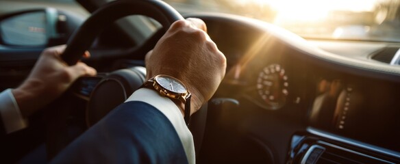 The sophisticated driver showcasing elegance with a luxury wristwatch under sunset.