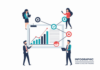 Business team collaborating on a project, analyzing data growth shown on a large infographic.