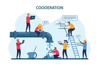 Illustration depicts a team of workers collaborating on a water pipe system, using technology.
