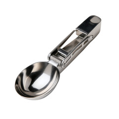 A stainless coffee measuring scoop with built-in bag clip, isolated on transparent background.