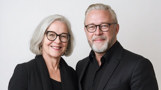 A middle-aged man and woman in business attire, gray hair, glasses, standing side by side against white background with confident smiles, professional studio lighting, high-resolution style. - Powered by Adobe