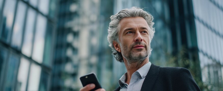 The confident businessman thoughtfully using his smartphone in an urban environment.