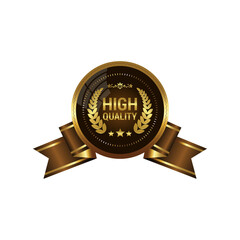 Golden luxury labels shield and banners, gold premium quality certificate ribbons, vector badges. Luxury VIP and sticker tags and banners for best product seals and banners with golden crown