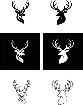 Wild deer head side view vector icon set in different styles as silhouette, outline, flat and button style on black, perfect for badges, hunting labels, and wildlife-themed designs.