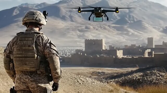 Soldier observing drone in mountainous terrain near ancient fortress, highlighting modern warfare technology