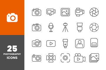 A modern set of 25 photography and videography line icons featuring cameras, lenses, tripods, flash, and more. Perfect for apps, websites, and creative digital projects.