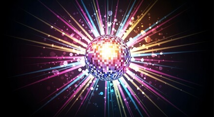 Colorful disco ball emitting light rays in the dark for party designs