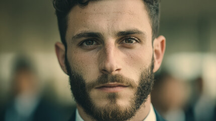 Fototapeta premium Young man with beard looking serious and confident close up