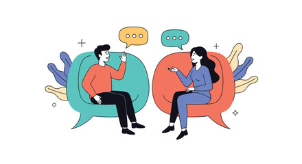 Fototapeta premium Engaging conversation between two people discussing ideas with speech bubbles