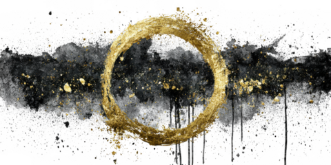 A golden circle is centered on a black ink splash