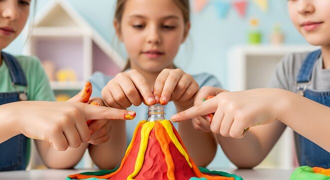 Enthusiastic children collaborating on a vibrant clay volcano model for school science project