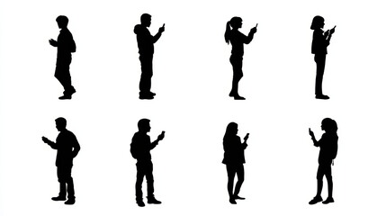 Obraz premium Set of black silhouettes of people using smartphones talking text