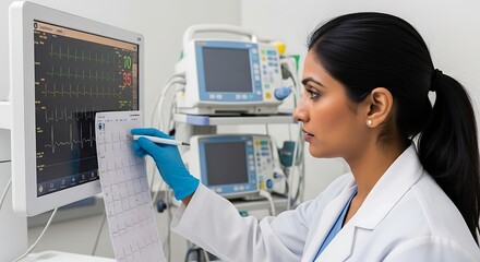 Focused female doctor analyzes patient's cardiac data on a monitor for diagnosis