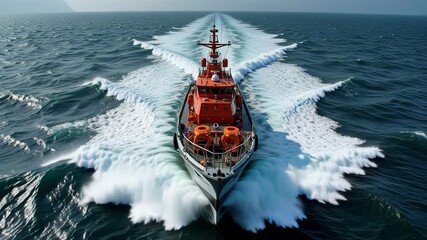 Dramatic Coast Guard Rescue at Sea: Ship Battling Rough Waves During Urgent Operation, Thrilling Aerial View of Maritime Emergency
