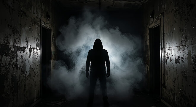 Dramatic silhouette of a mysterious hooded figure standing in a dark and creepy abandoned corridor with smoke.