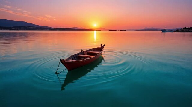 Stunning Adriatic Sunset over Zadar Coastline with a Lone Boat Drifting Peacefully on Turquoise Waters, Golden Hour Glow, Serene Coastal Escape