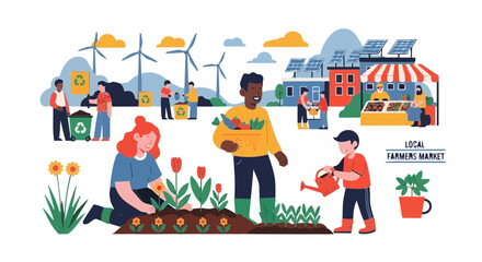 Sustentability promoting sustainable living through local farmers markets and renewable energy initiatives for community growth vector