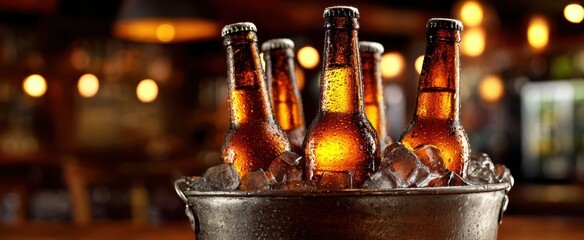 The chilled beer bottles in an ice-filled bucket at a lively bar setting.