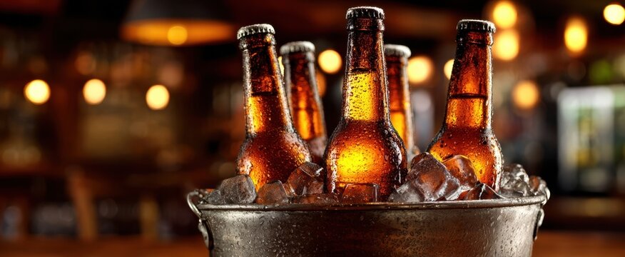 The chilled beer bottles in an ice-filled bucket at a lively bar setting.