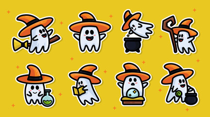 Cute ghost sticker character set with orange witch hat. Adorable witch ghost sticker collection on yellow background perfect for Halloween