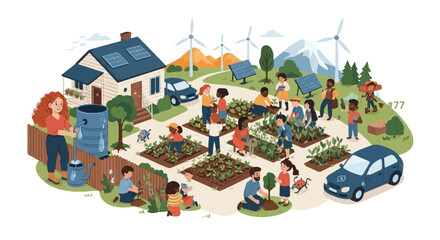Sustentability sustainable community living with renewable energy, community garden, and electric vehicles concept design vector
