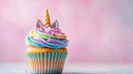 Single rainbow cupcake topped with colorful frosting edible decorations and a playful unicorn horn set against a soft pastel gradient background