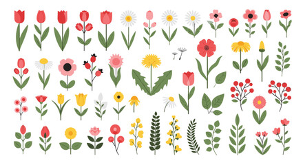 Collection of pixel art floral elements including tulips daisies and dandelions