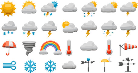 Obraz premium Weather Forecast Icon Set: Sunny, Cloudy, Rainy, Snowy, Windy, and Stormy Conditions