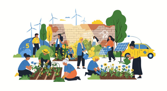 Sustentability sustainable community garden with renewable energy sources promoting eco friendly lifestyle and gardening tips vector