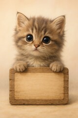 Adorable brown tabby kitten with fluffy fur and big round eyes resting on invisible ledge, cute pet portrait isolated on beige background