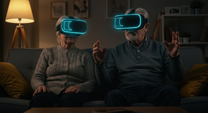 Happy senior couple exploring virtual reality together in living room—heart-warming tech-meets-lifestyle image for healthcare innovation, family campaigns and VR marketing. - Powered by Adobe