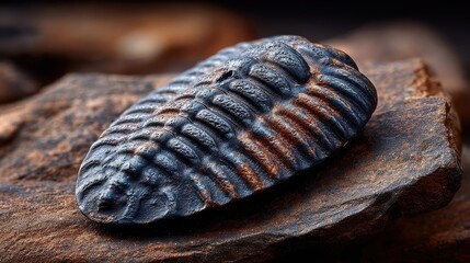 Ancient trilobite fossil preserved in gritty matrix, Cambrian marine arthropod for paleontology displays.