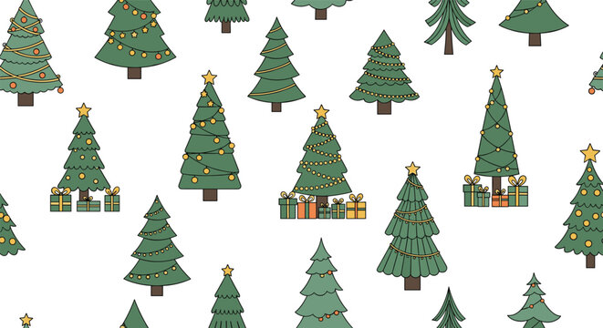 Festive evergreen trees decorated with golden lights and gifts underneath a winter holiday