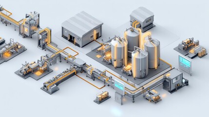 3D Isometric Brewery Production Line With Glowing Pipes Showcasing Minimalistic Design and Advanced Manufacturing Processes