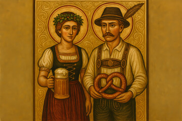 Naklejka premium Byzantine icon of traditional Bavarian couple with beer and pretzel 
