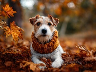 Little dog in knitted sweater lies on colorful autumn leaves in park, blurred golden foliage. Cozy, fall background